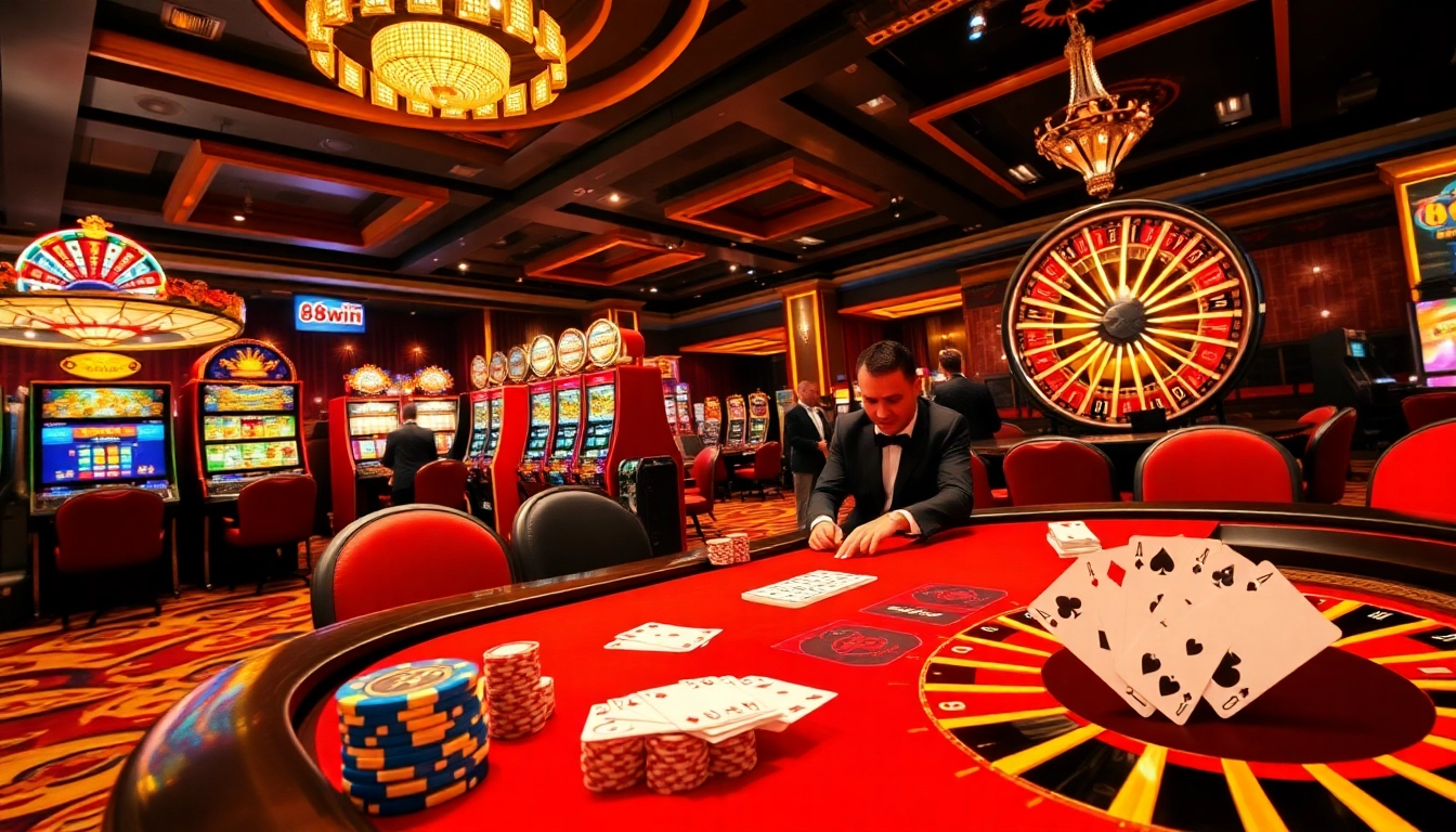Players enjoying a table game at 98win casino, surrounded by vibrant slot machines and roulette wheel.