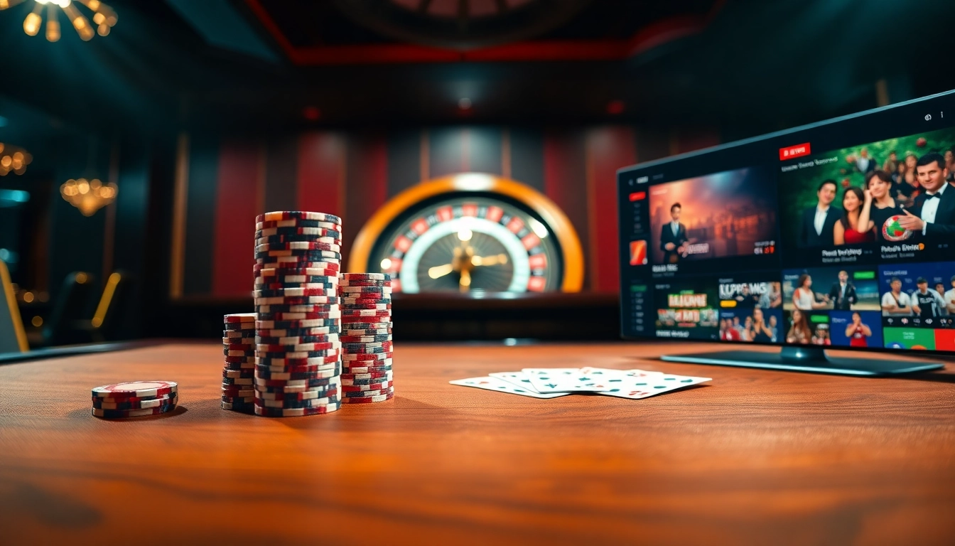 Experience the thrill of đá gà e2bet with vibrant casino visuals, featuring poker chips and live betting interfaces.