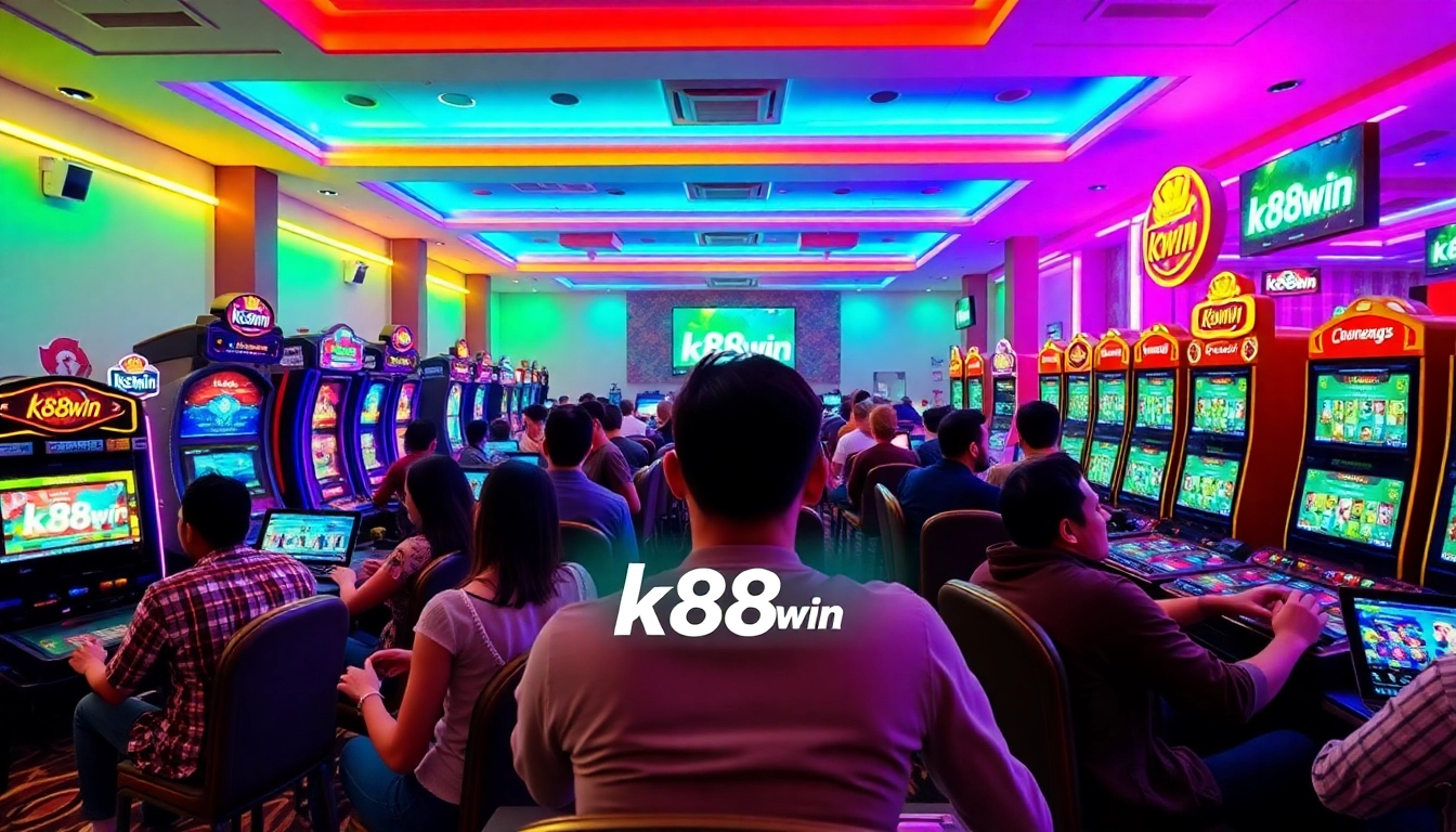 k88win engaging online gambling scene with diverse players and vibrant color palette
