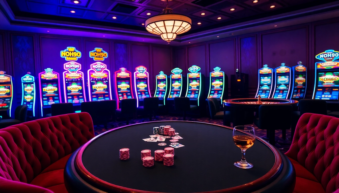 Engaging scene of NOHU90 poker table and slot machines in a luxurious casino setting.