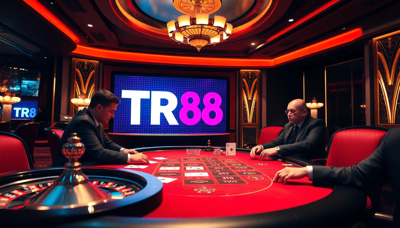 Players strategizing at a luxurious poker table in a TR88-themed casino environment.