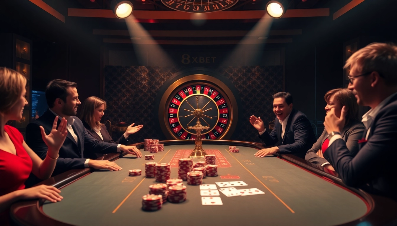 Excited players engage in a high-stakes poker game at 8xbetcom.chat casino, showcasing luxury and thrill.