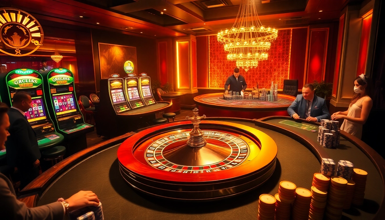 Engaging scene of gamblers at a luxurious casino showcasing nk88-themed roulette and poker tables.