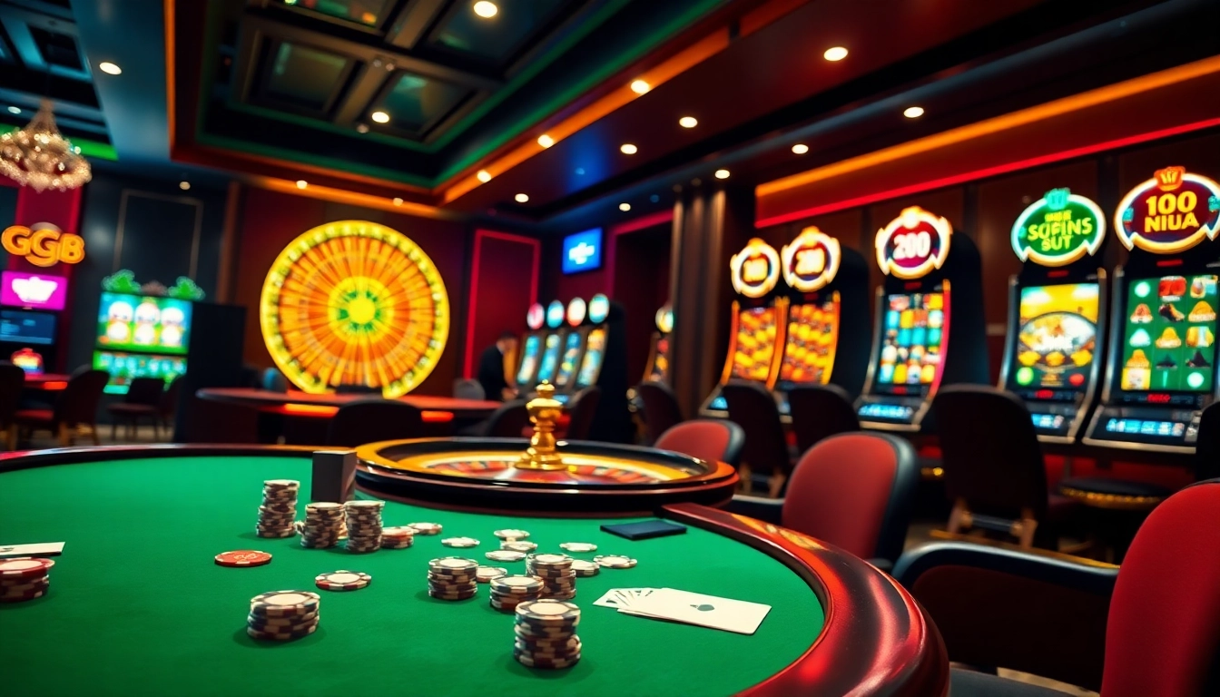 Experience the excitement at GG88 with an elegant casino scene featuring poker, roulette, and slot machines.