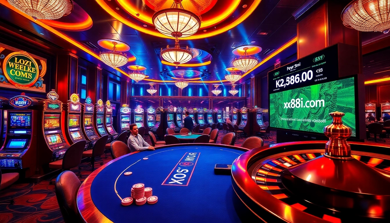 x88ni com players engaging at a vibrant casino table game with lively slot machines in the background.