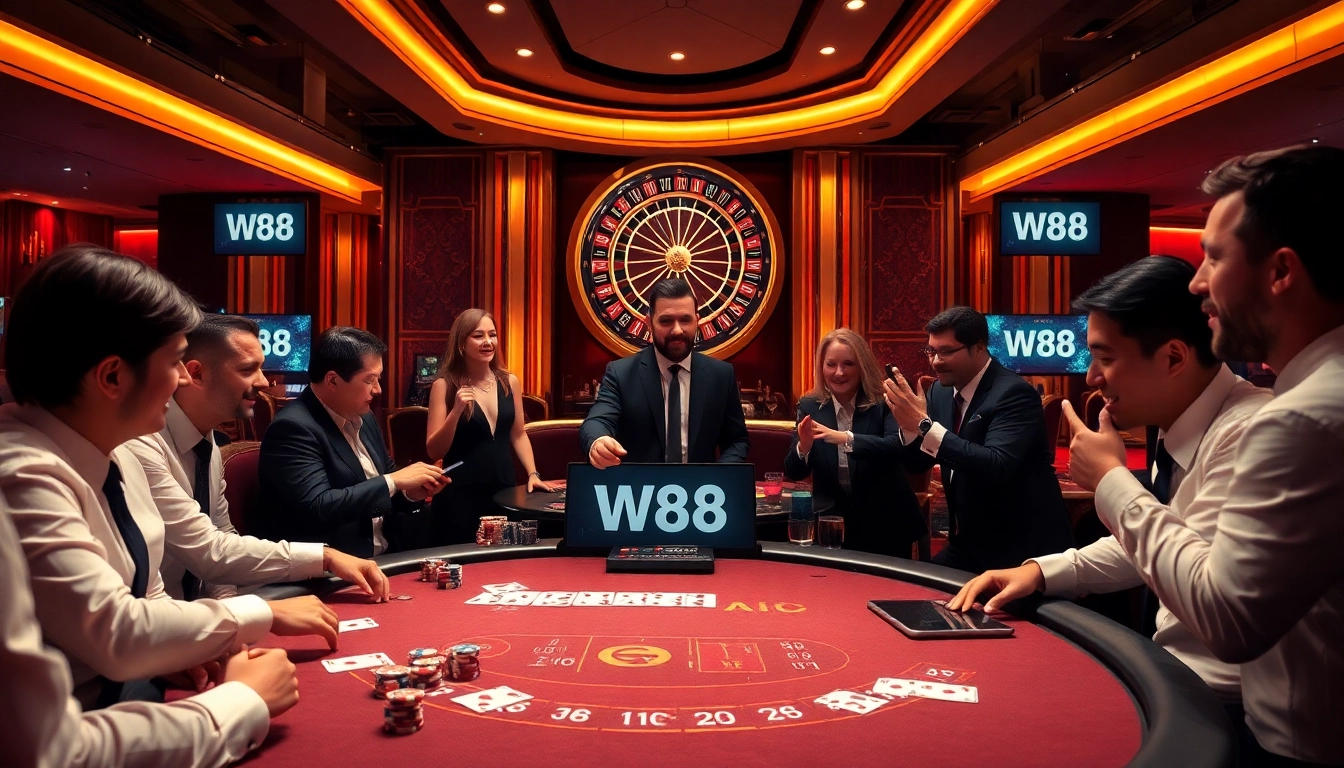 Players enjoying a high-stakes poker game at a luxurious W88 casino table.