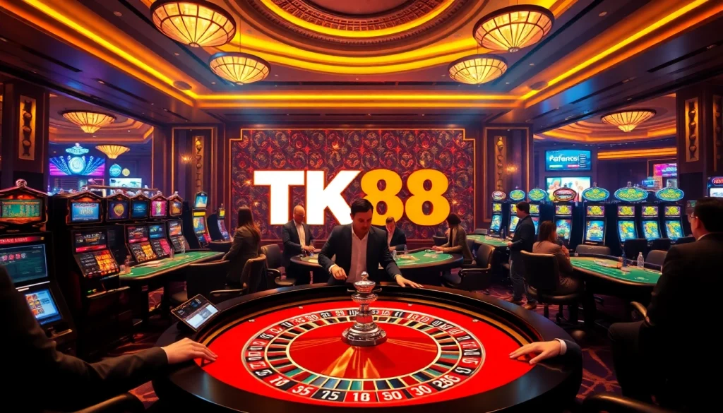 Experience the excitement of TK88 casino with players at a lively roulette table.