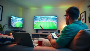 Football fan enjoying live streaming on devices at home from https://vaoluoitv.it.com, with dynamic atmosphere and vibrant colors.
