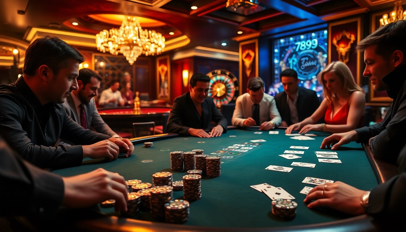 Engaged players enjoying the thrills of 789club at a luxurious casino table.