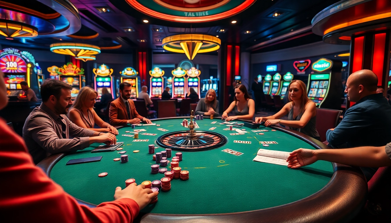 Engaging poker players in a luxurious casino scene featuring https://789f00.net/ and vibrant gambling elements.