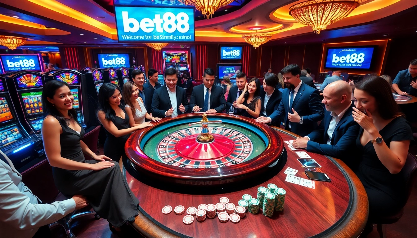 Bet88 players enjoying a thrilling casino experience at roulette and slot machines.