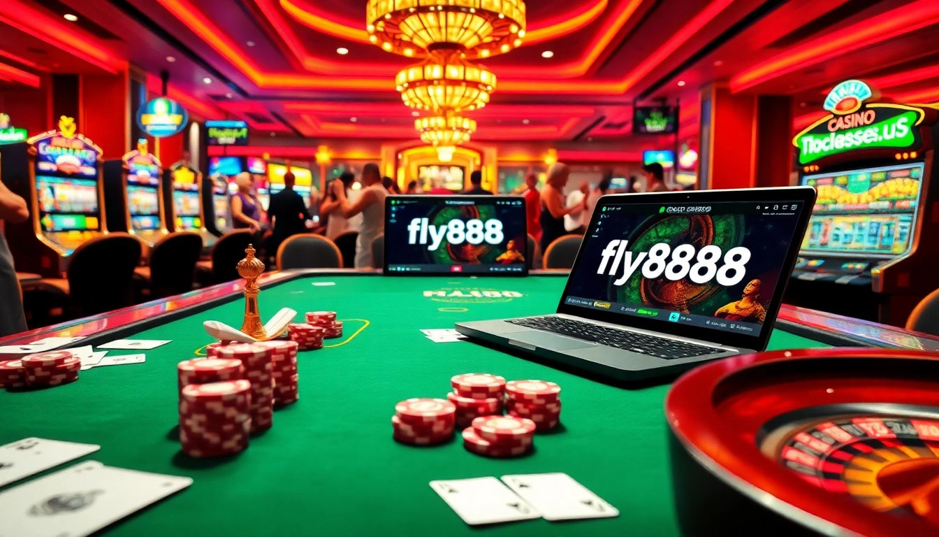 Players enjoying a vibrant gaming experience at fly88.ad with roulette, cards, and lively slots.