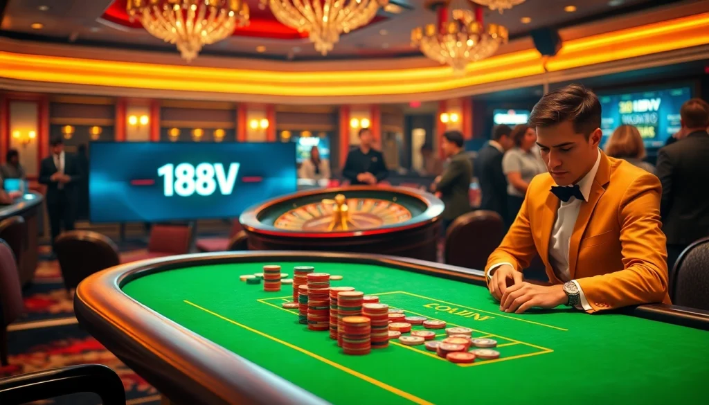Winning bets at the poker table showcasing 188V in a luxurious casino environment.