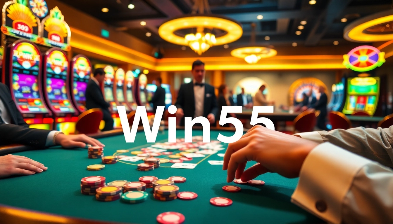 Engage in thrilling gameplay at Win55 tables with colorful chips and cards.