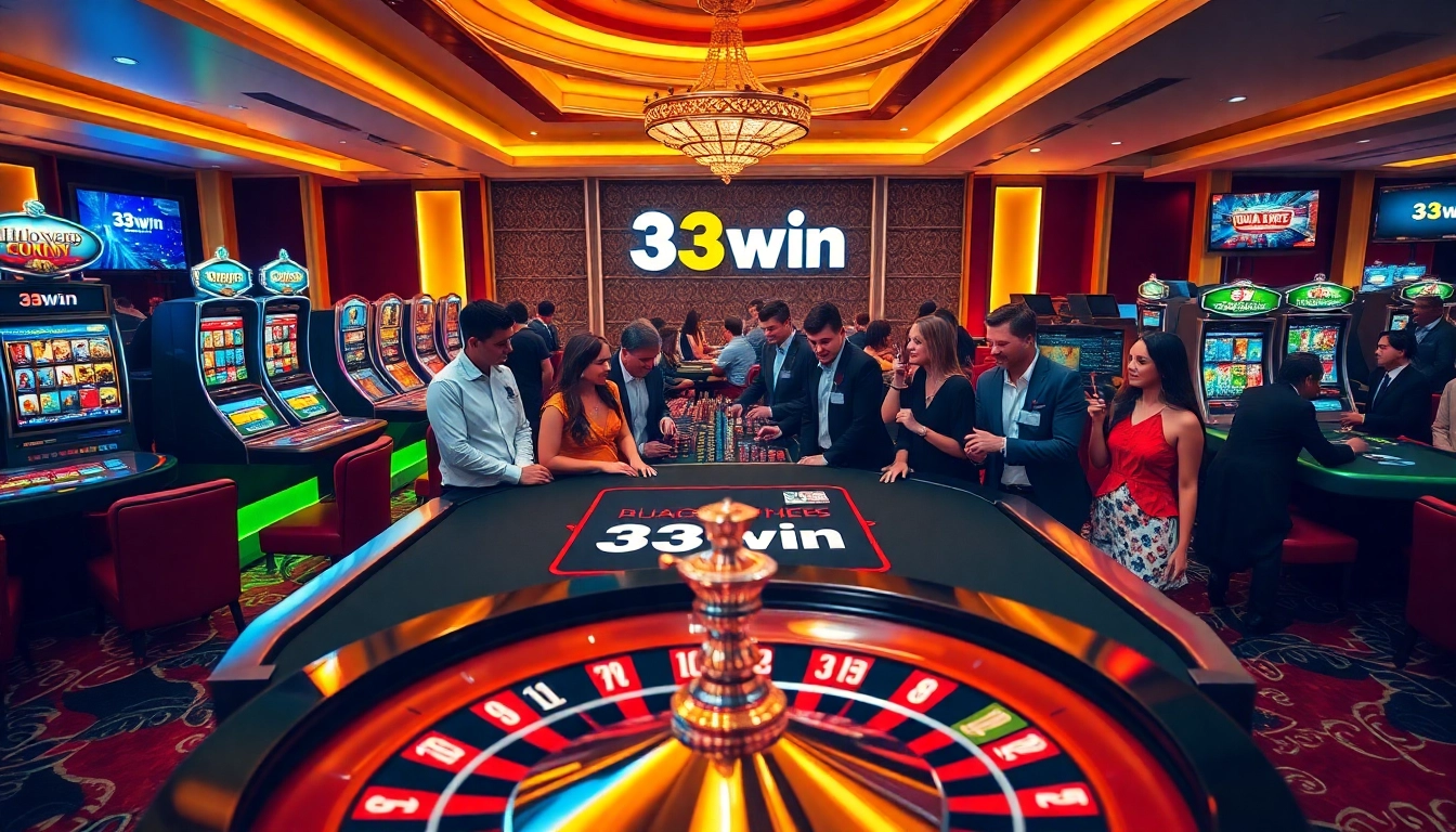 Engage with 33win's vibrant casino atmosphere featuring blackjack tables and colorful slot machines.