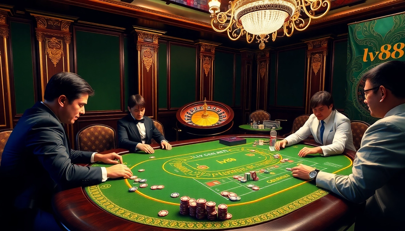 Experience the luxury of lv88 casino gaming with vibrant tables, engaged players, and spinning roulette wheels.