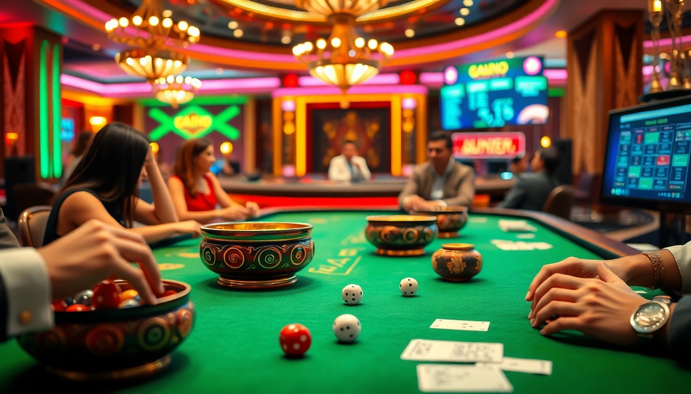 Xóc Đĩa players betting at a luxurious casino table with vibrant lights and decor.