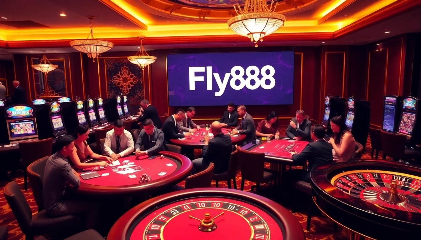 Players immerse in a thrilling casino atmosphere at Fly88, engaging with poker chips and vibrant slot machines.