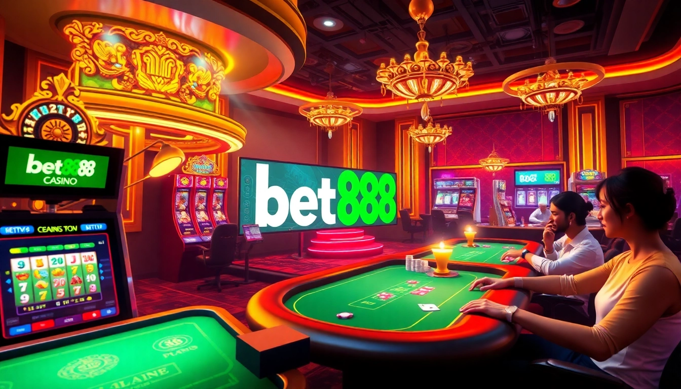 Bet88 online casino scene with players at luxurious slot machines and card tables.