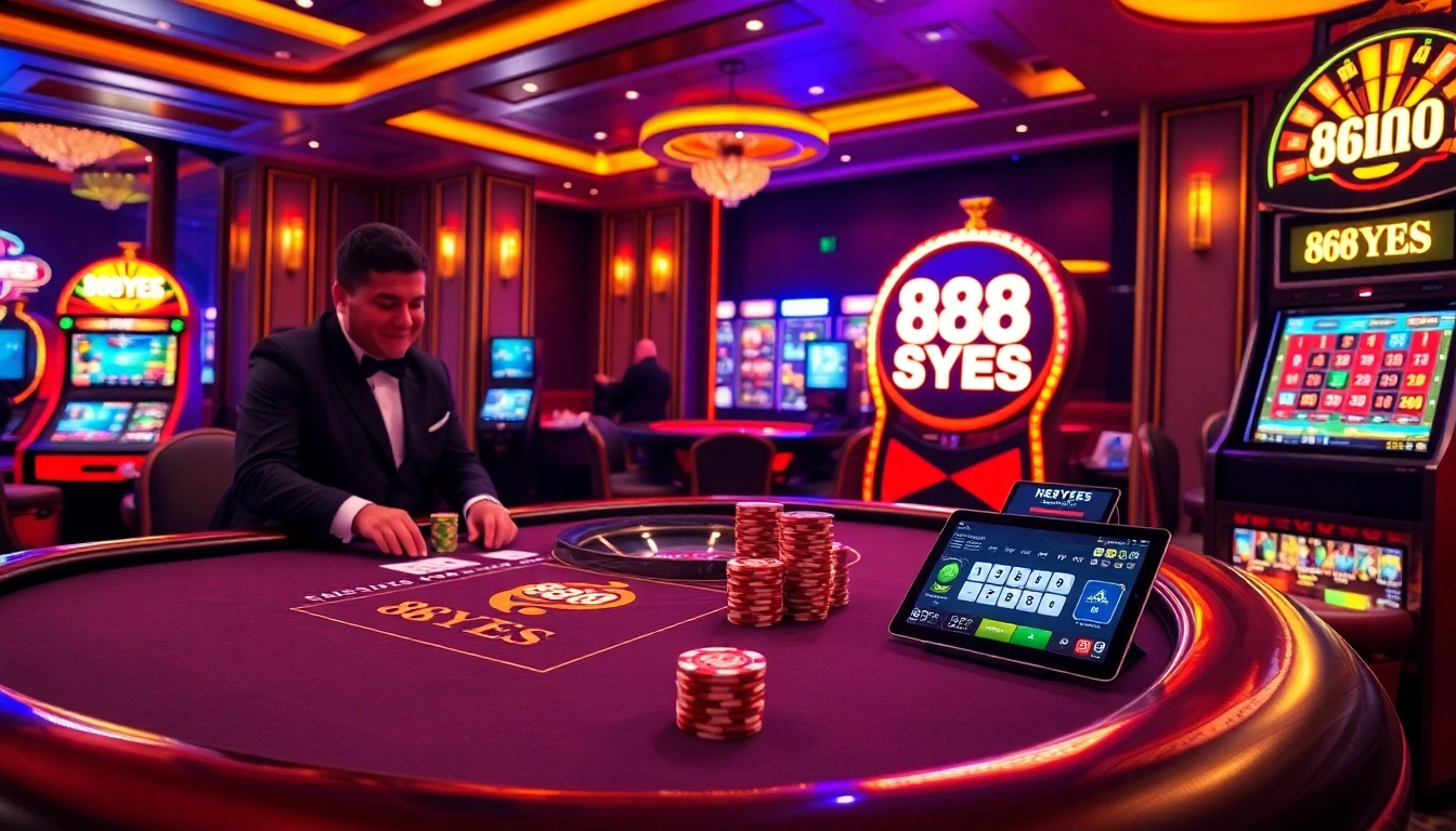 Engage with thrilling gambling action at the vibrant 888YES casino, featuring a lively blackjack table.