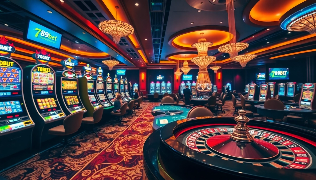 Excited players engaging in thrilling games at 789bet casino with vibrant lights and luxurious décor.