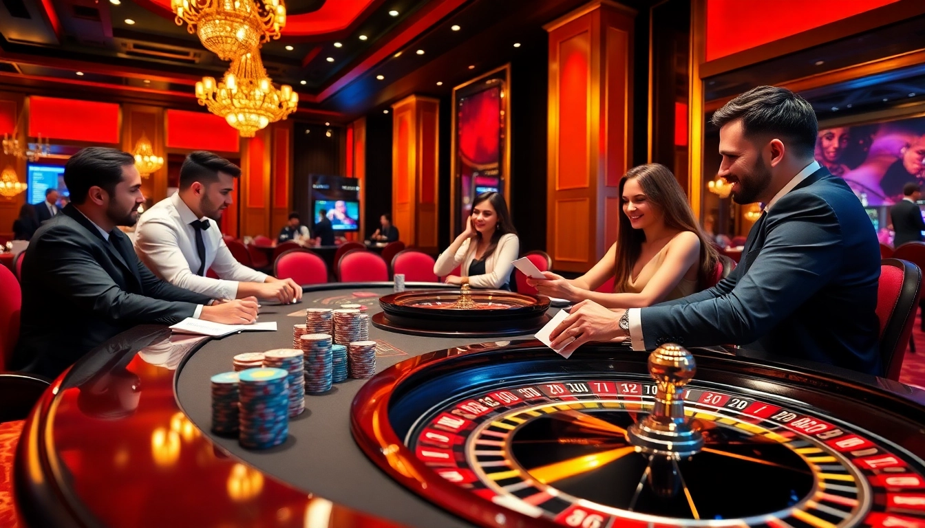 BJ388 players celebrating a big win at an elegant casino table, enjoying the excitement of gambling.