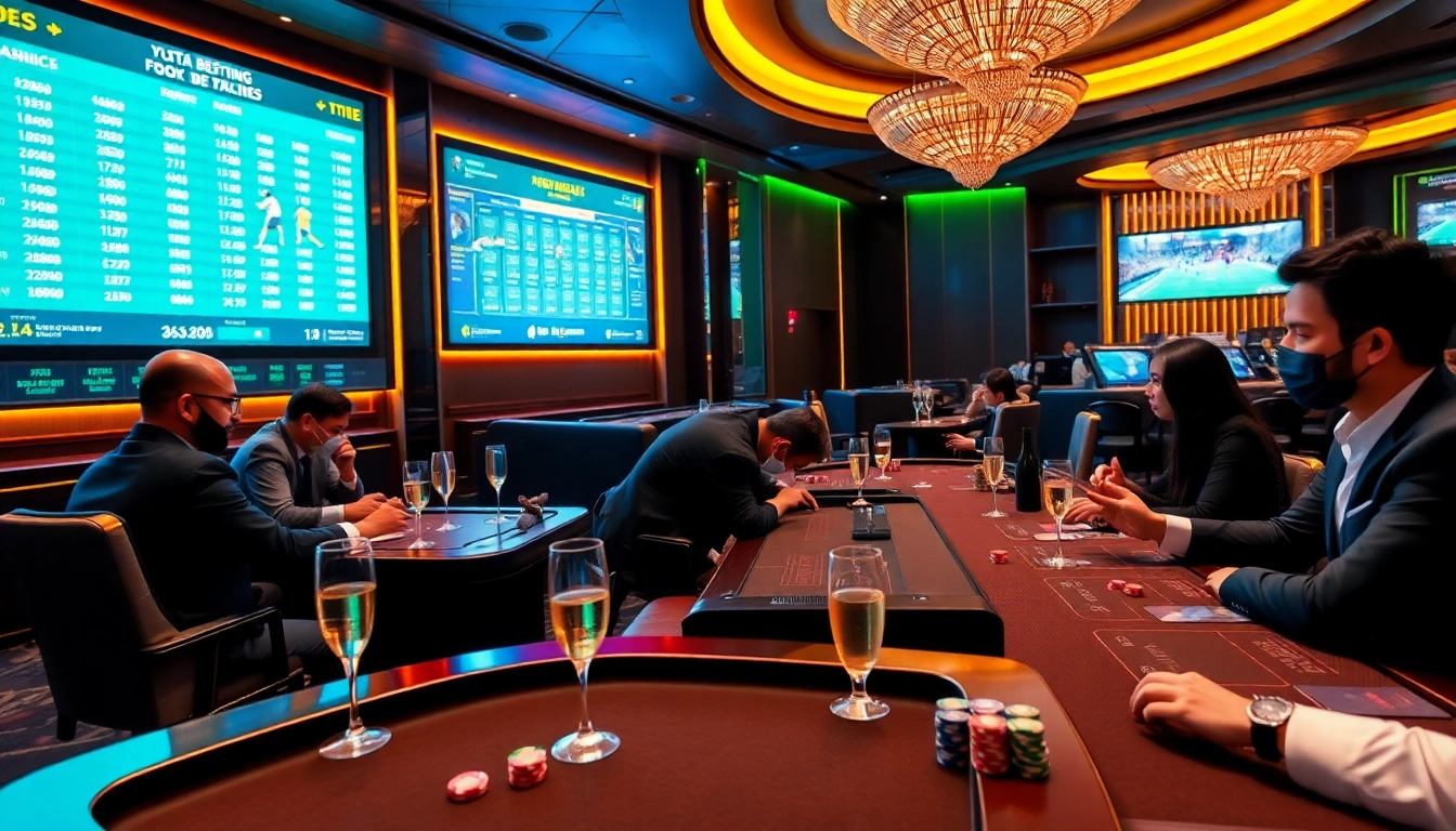 Kèo bóng đá odds displayed in a luxurious casino sports betting area with engaged gamblers.