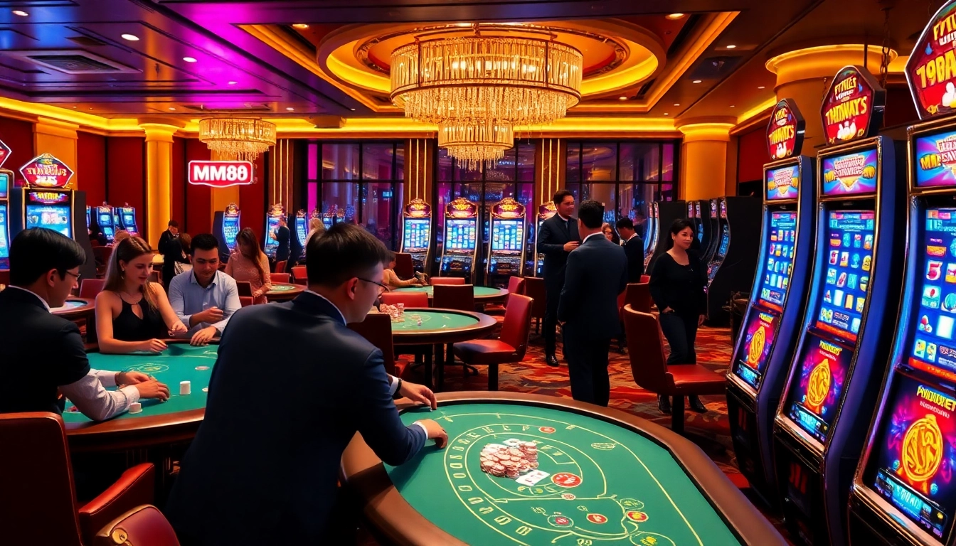 Engaged players enjoying the thrilling MM88 casino experience with vibrant slot machines and card games.