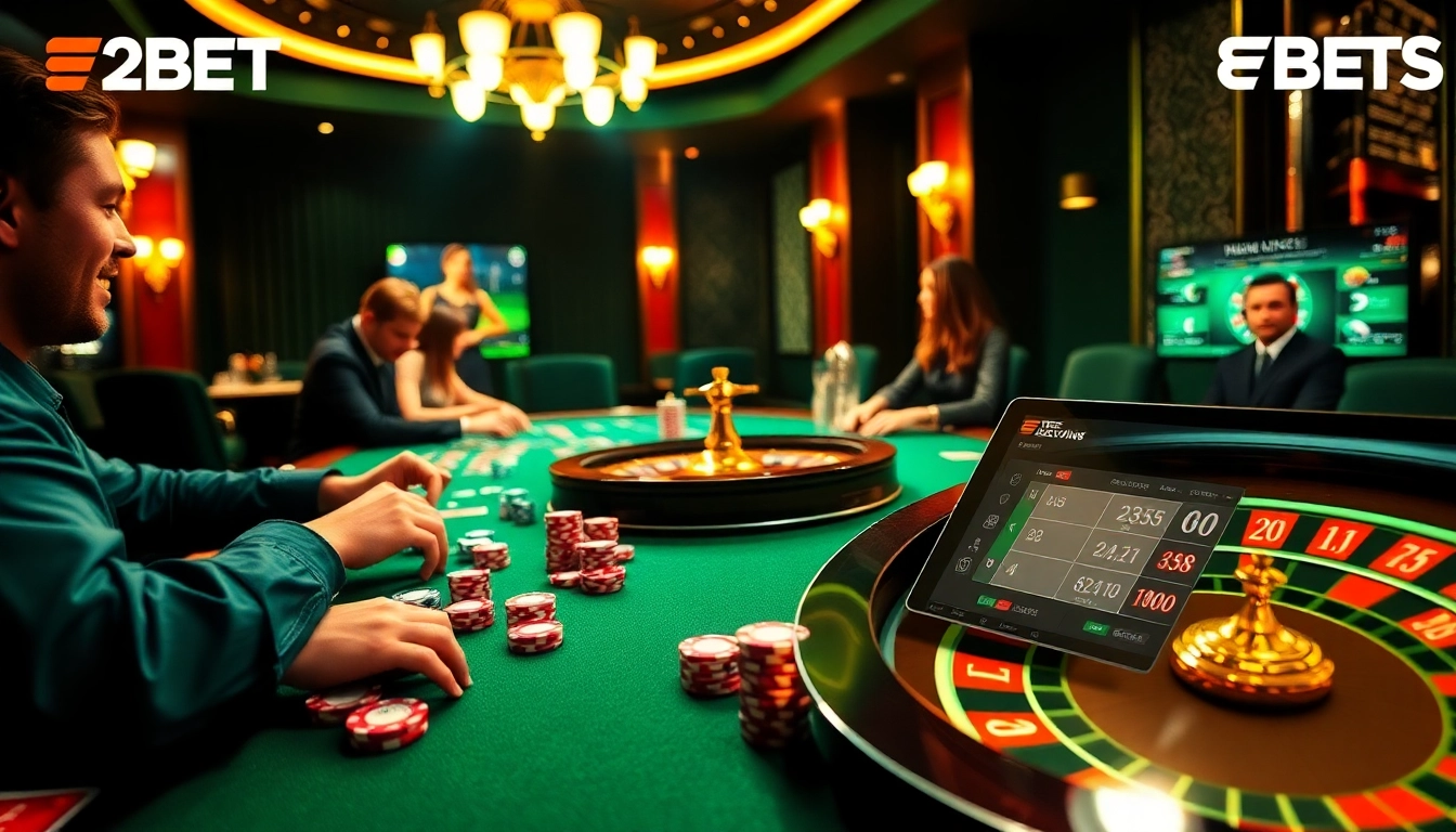 Experience high-stakes gaming with E2BETS at a luxurious casino table, poker chips, and roulette.