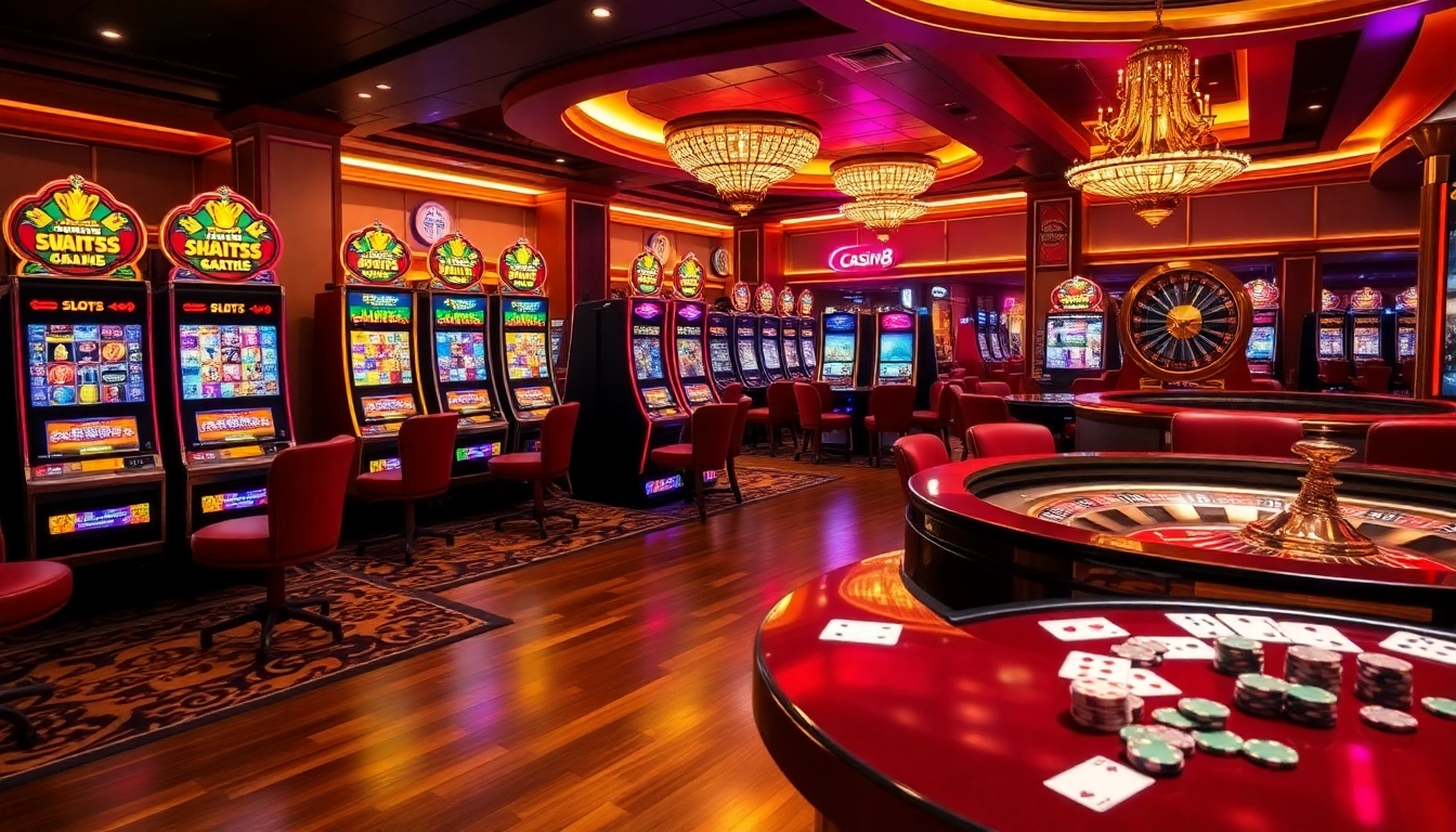 SLOTS8 slot machines glowing in a luxurious casino atmosphere, capturing winning excitement.