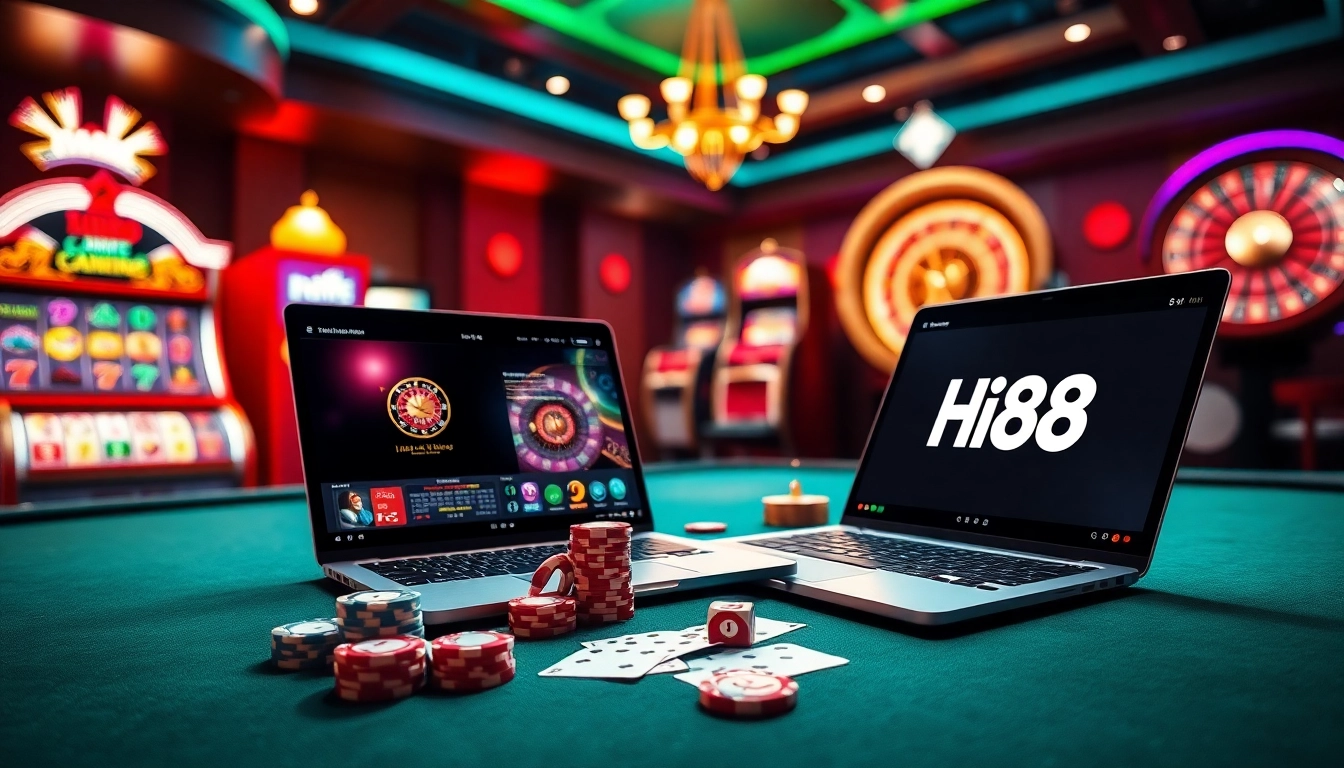 Experience the thrill of gambling at Hi88 with dynamic casino tables, cards, and chips.