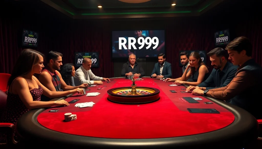 Engaging players at a luxurious casino table, showcasing RR99 poker chips and vibrant game action.