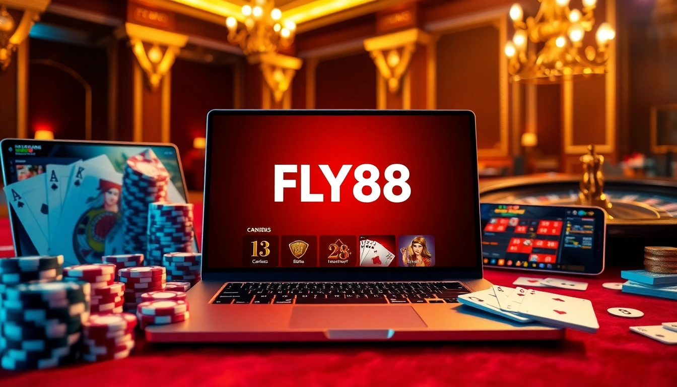 Experience FLY88 with a high-end online casino setup featuring poker chips and a roulette wheel.