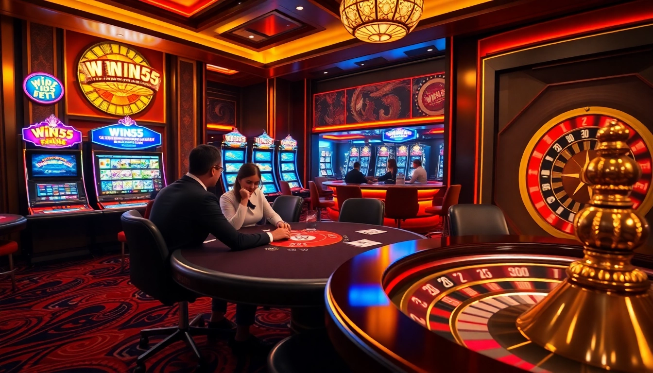 Win55 players enjoying a dynamic casino scene with poker tables and slot machines.
