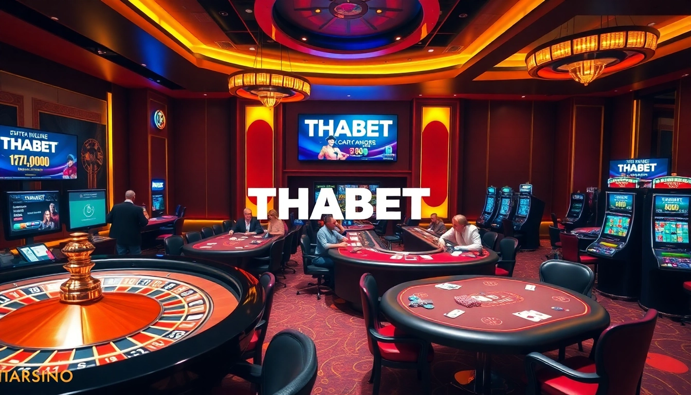 Dynamic THABET casino scene with poker tables, roulette, and excited players.