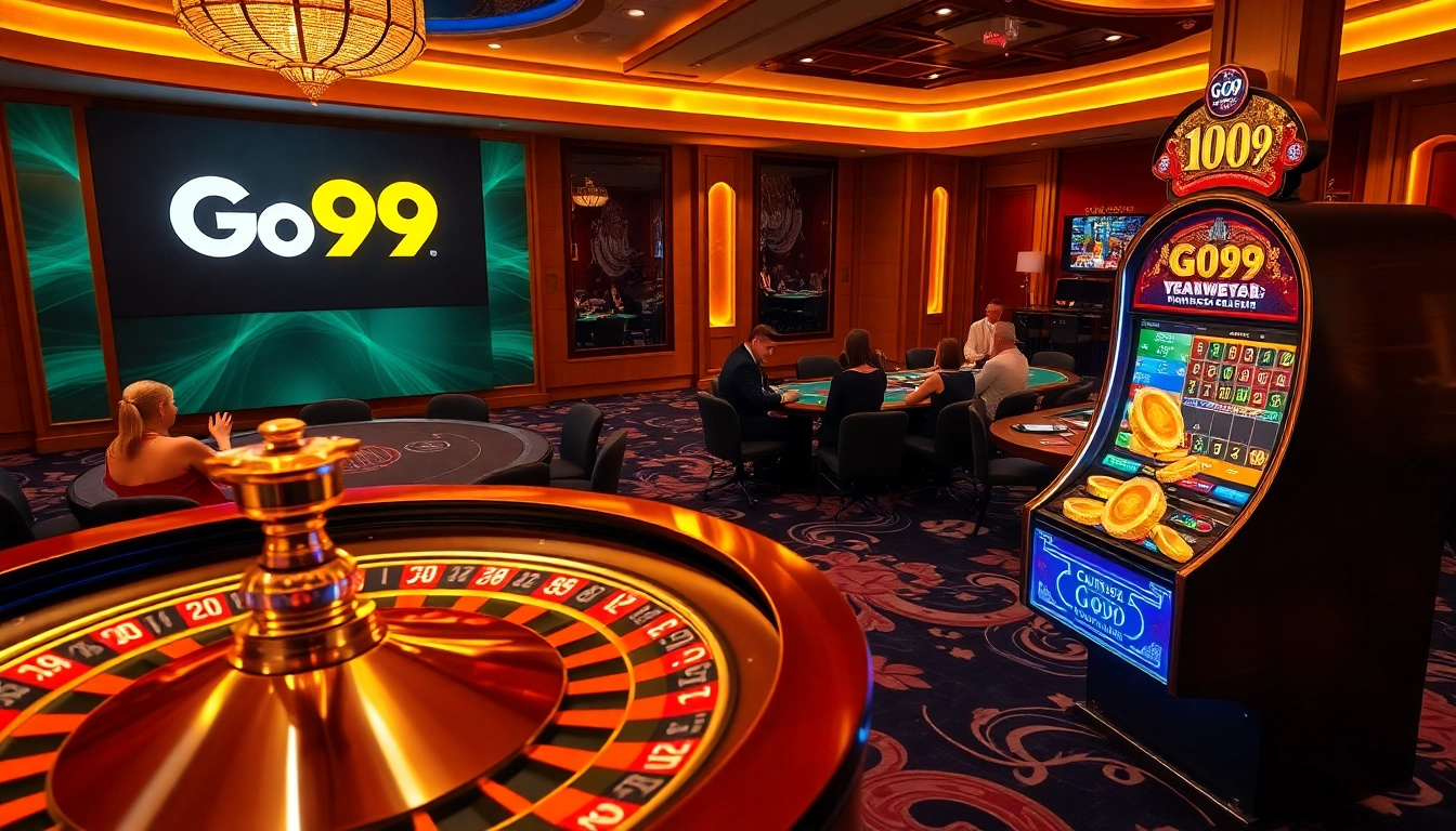 Exciting Go99 casino scene with roulette and poker tables in luxurious setting.