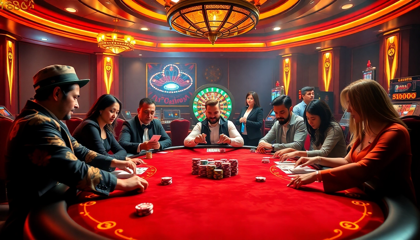 Experience the excitement of high-stakes gambling at https://rr88me.com/ with a vibrant casino scene featuring poker players and roulette.