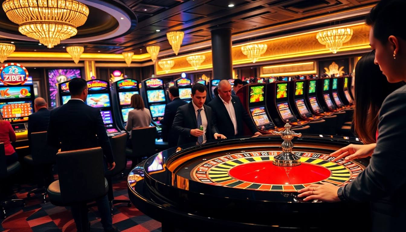 ZBET casino gaming atmosphere featuring roulette table and slot machines in vibrant colors.