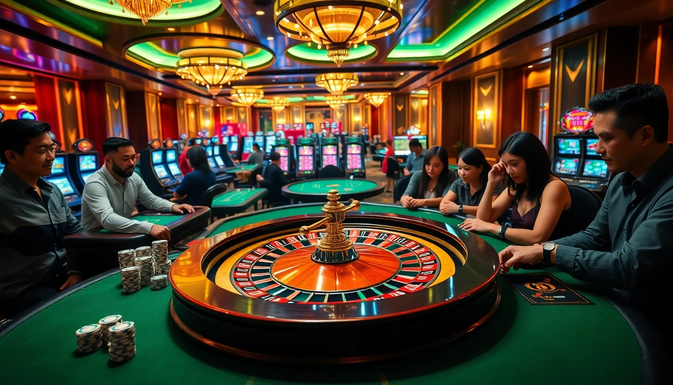 A vibrant casino scene illustrating the excitement of gambling at the hm88 network, featuring roulette and poker elements.
