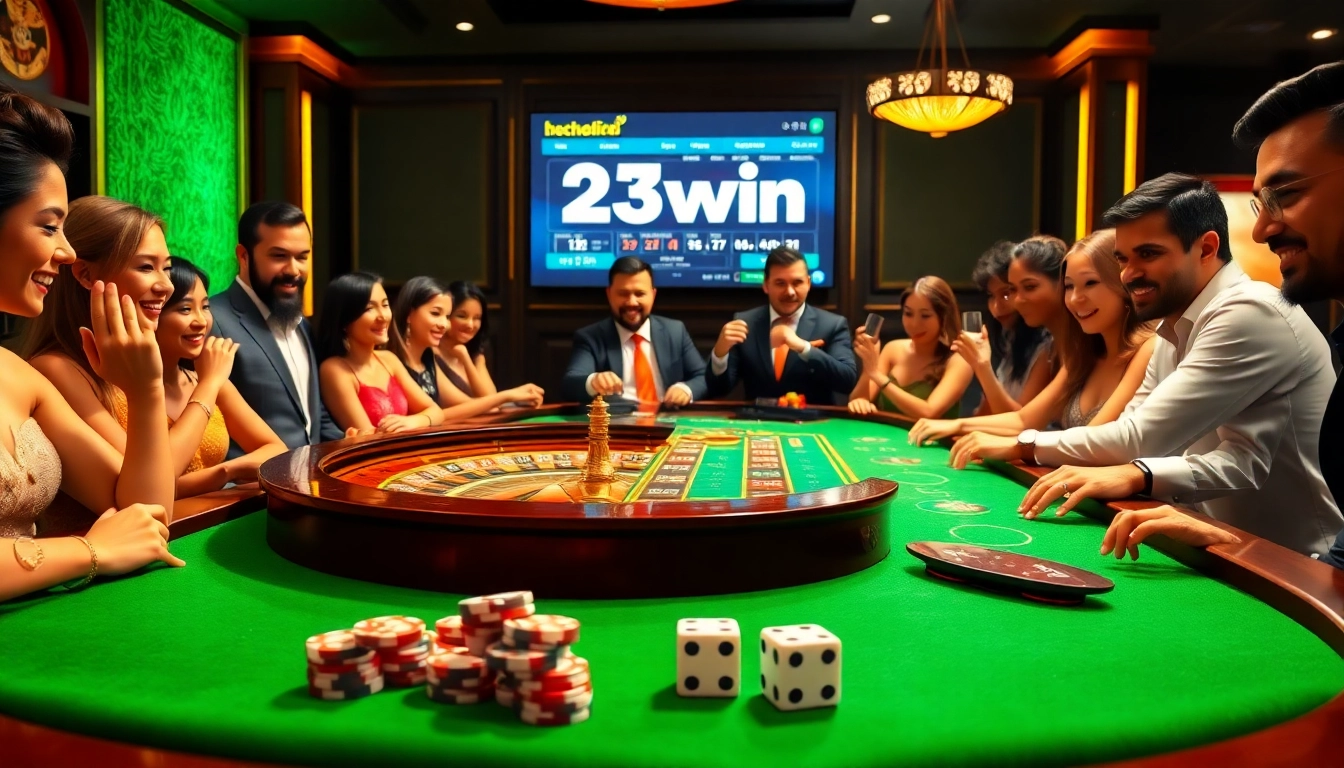 Engaged players experience the thrill of nhà cái 23win at a luxurious roulette table in a vibrant casino.
