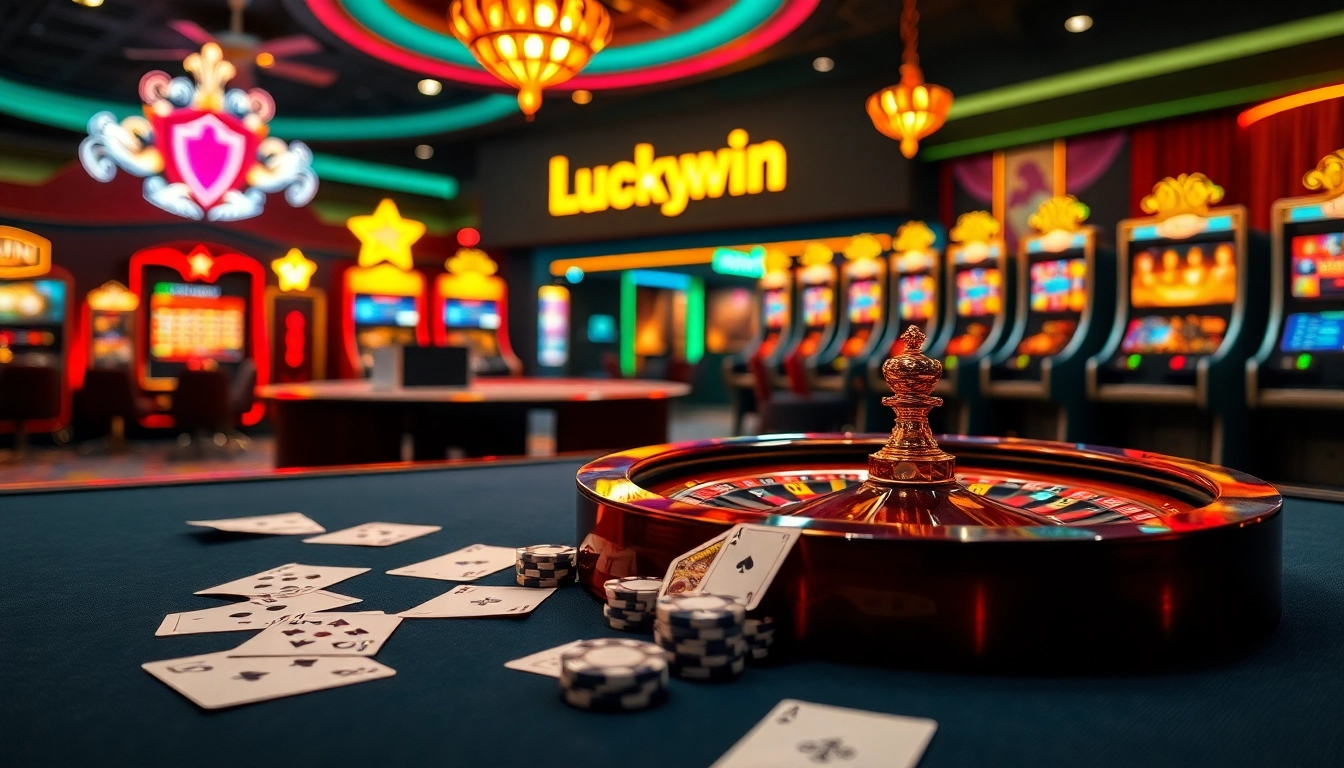 Experience the thrill of Luckywin with vibrant casino gaming visuals featuring roulette and slot machines.