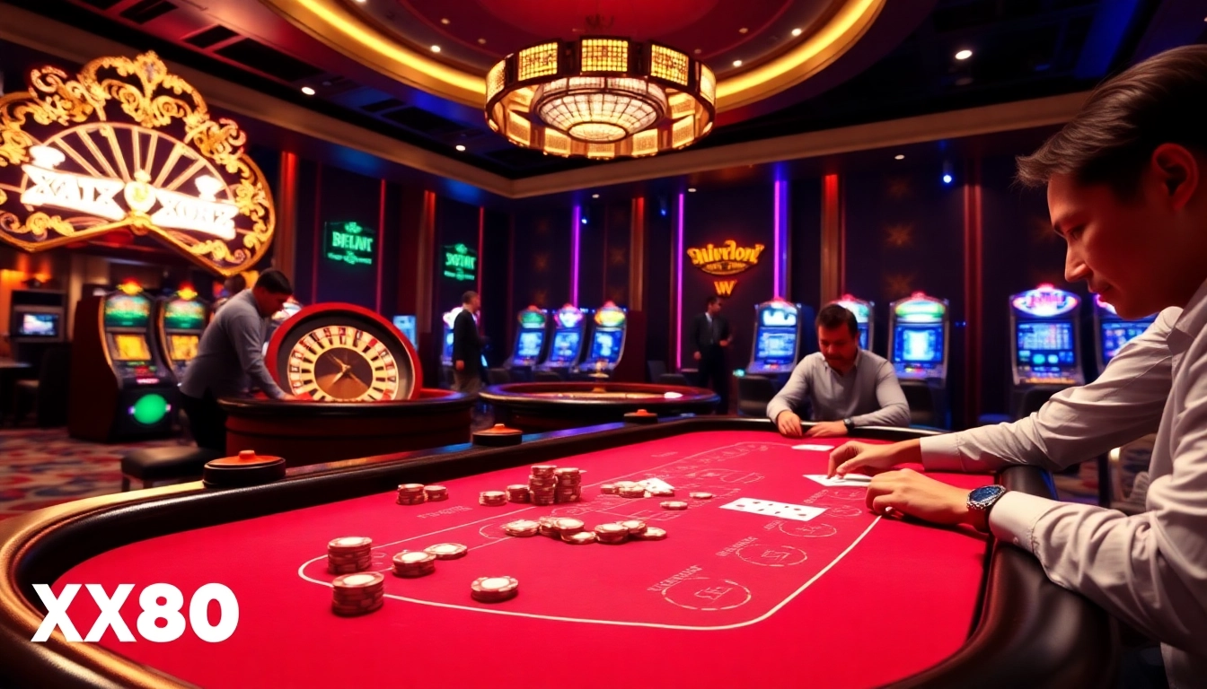 Players placing bets at a thrilling blackjack table in a luxurious casino setting featuring XX88.