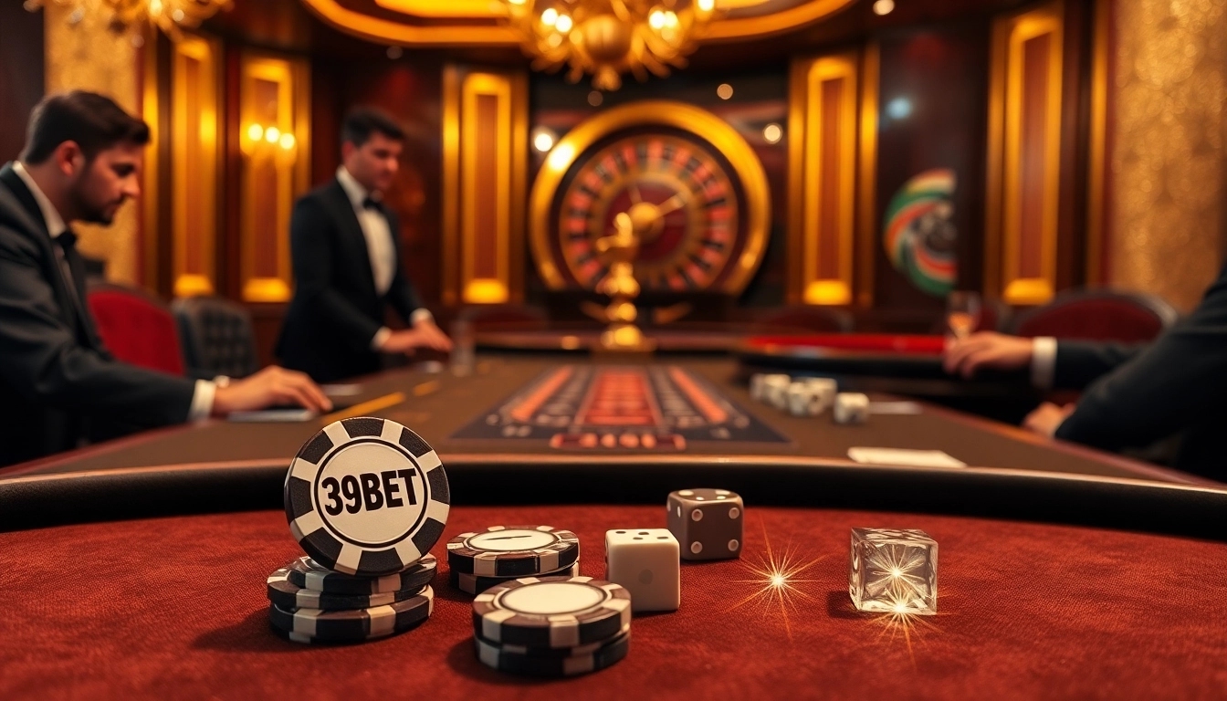 39BET poker chips and dice symbolize excitement at a high-stakes casino game.