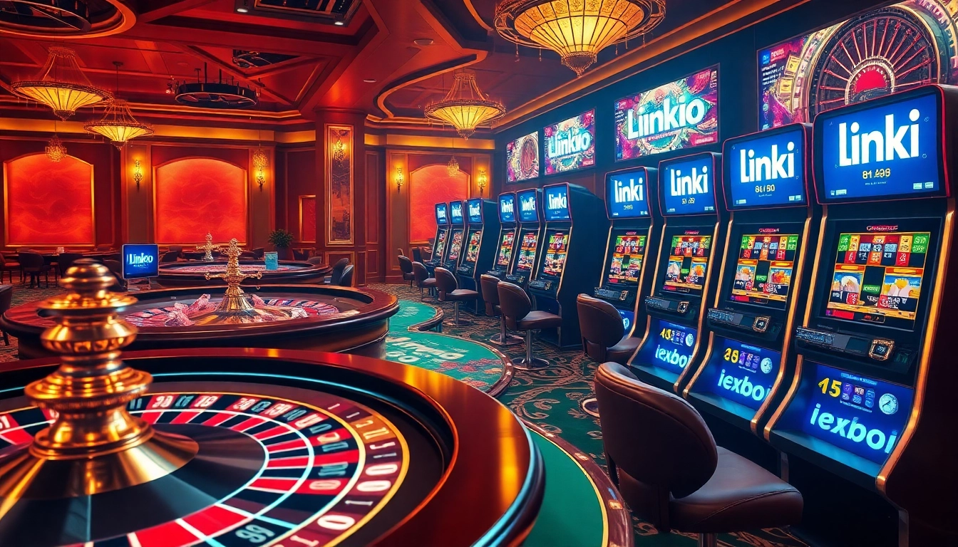 Experience thrilling online gaming with link 88i at a luxurious casino atmosphere featuring tables and slot machines.