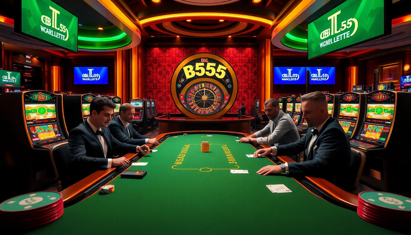 Experience excitement at BL555's poker table with vibrant slot machines and roulette wheel.