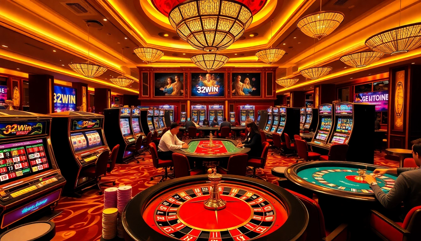 Experience the excitement of gambling at 32Win with engaging poker tables and vibrant slot machines.