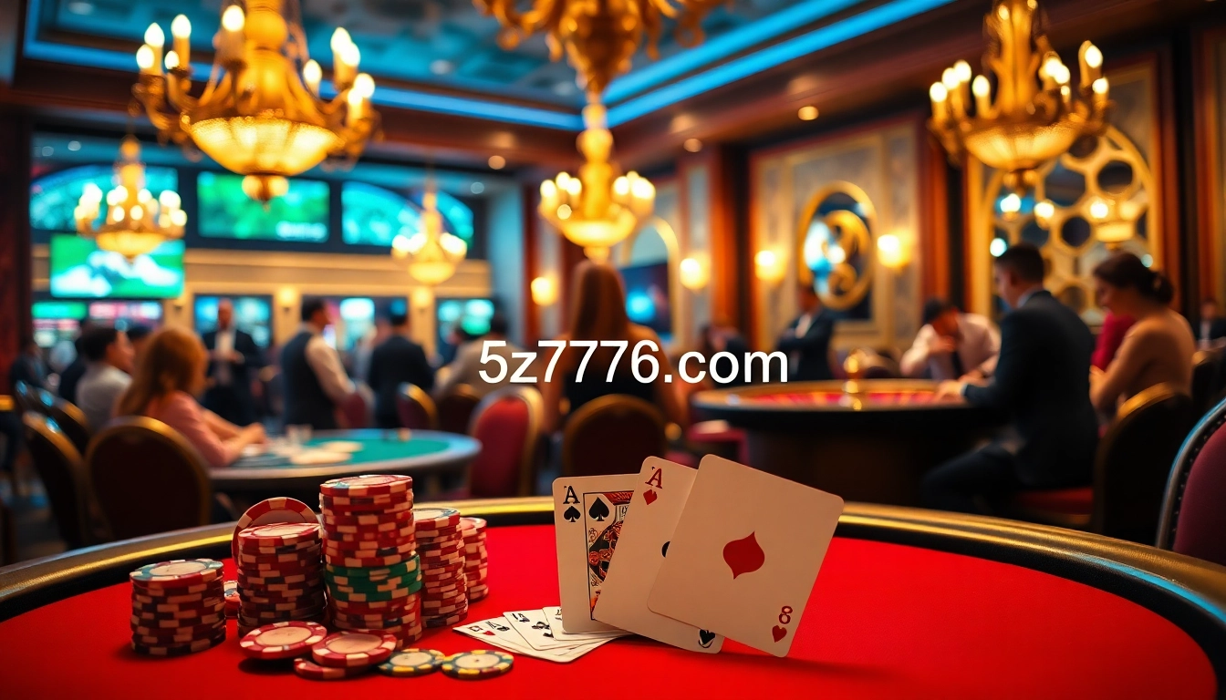 Exciting casino scene featuring poker tables and a roulette wheel, highlighting 5z7776 com.