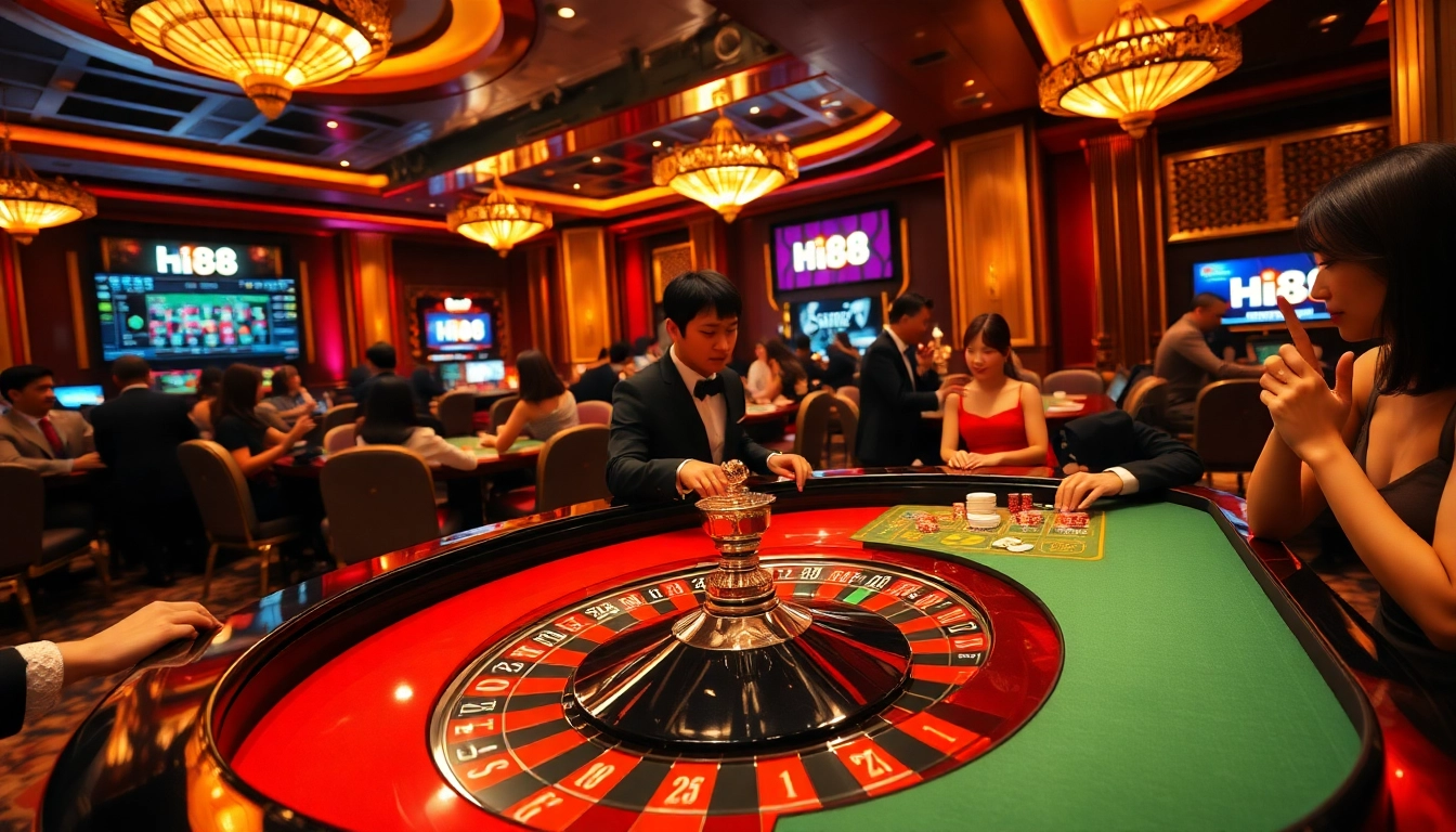 Experience the excitement of gambling at Hi88 with vibrant casino tables and players at play.