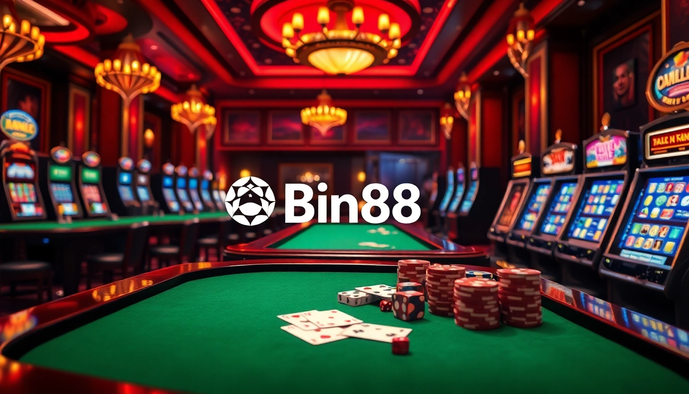 Gamblers enjoying vibrant experiences at Bin88 casino with slot machines, cards, and poker chips.