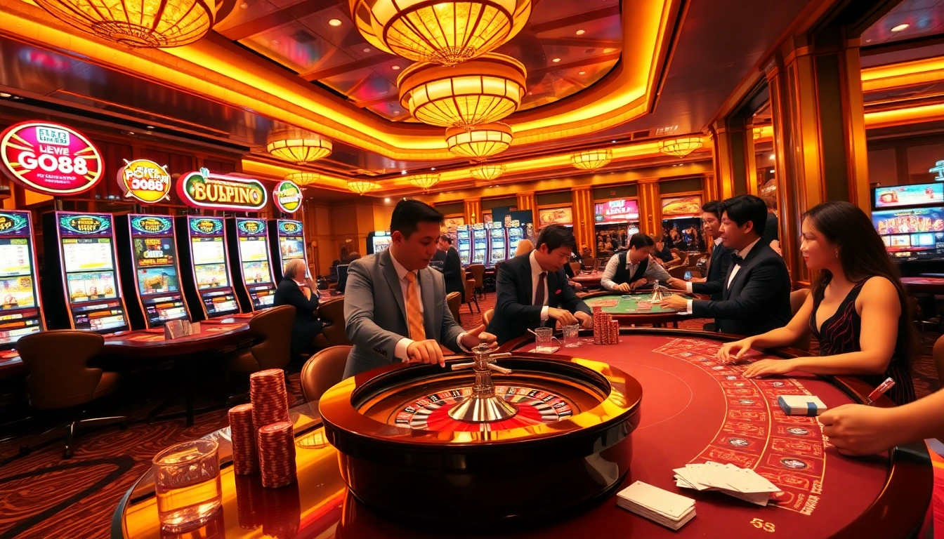 Players enjoying a thrilling GO88 casino experience with poker chips and roulette wheels.